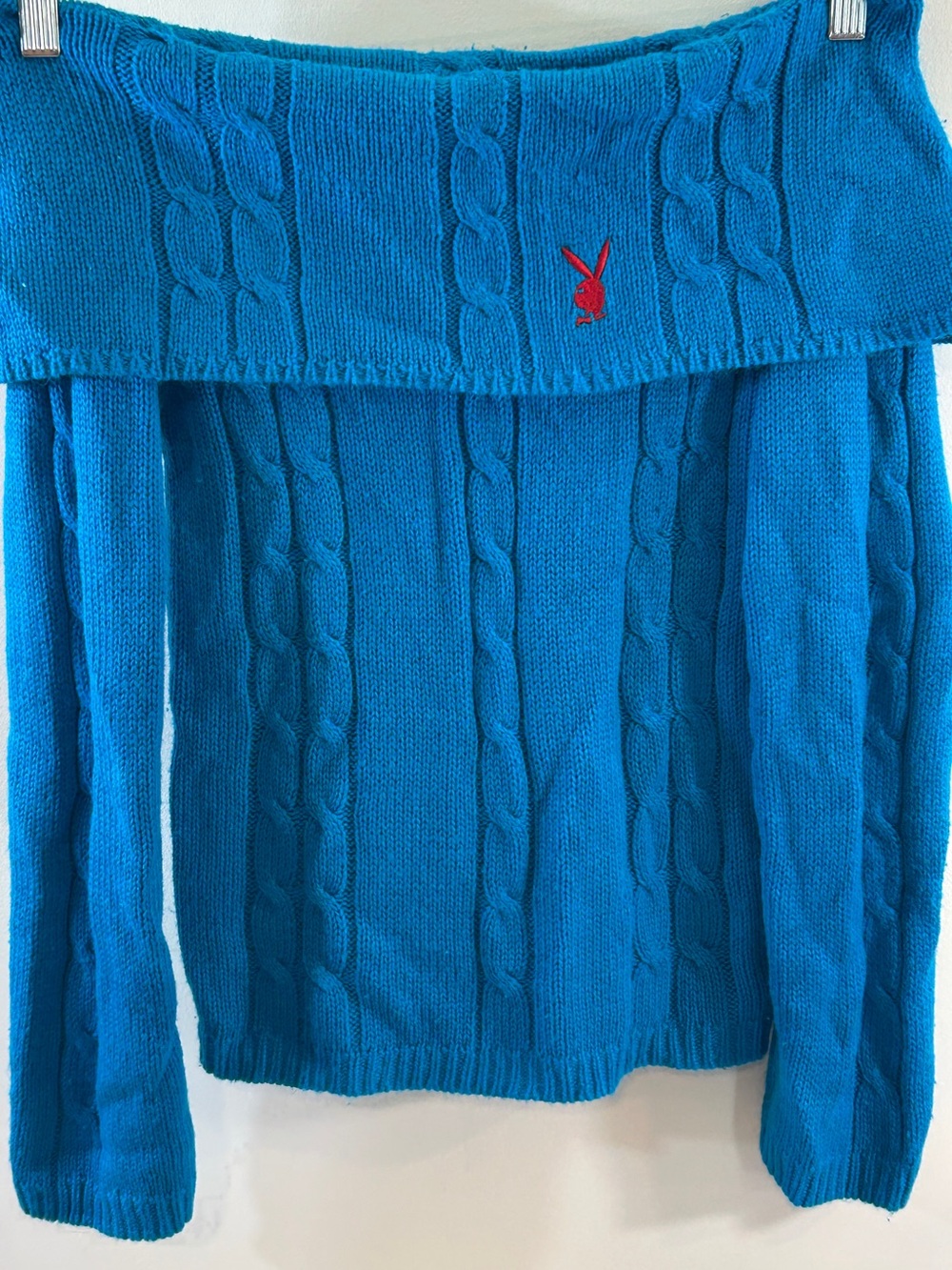 PLAYBOY Teal Cable-Knit Off-Shoulder Sweater with Red Bunny Logo
